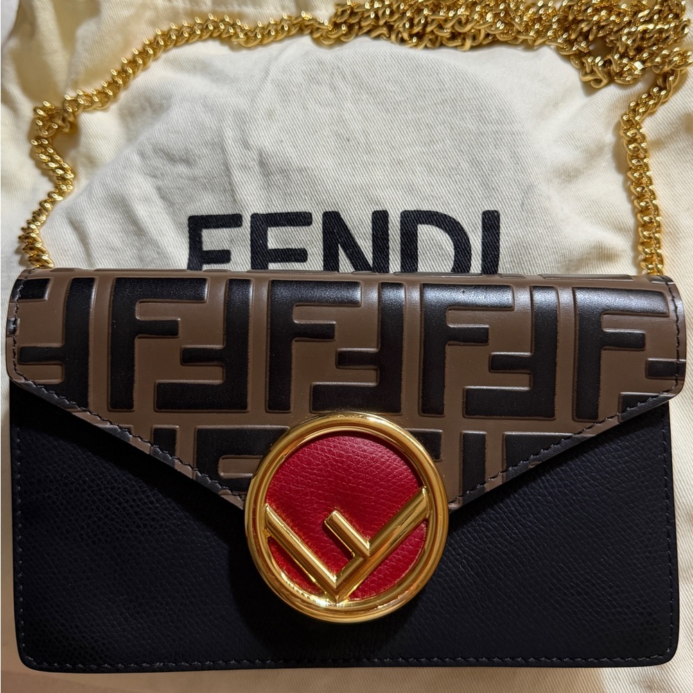 Fendi Black and Brown Crossbody with Gold Chain